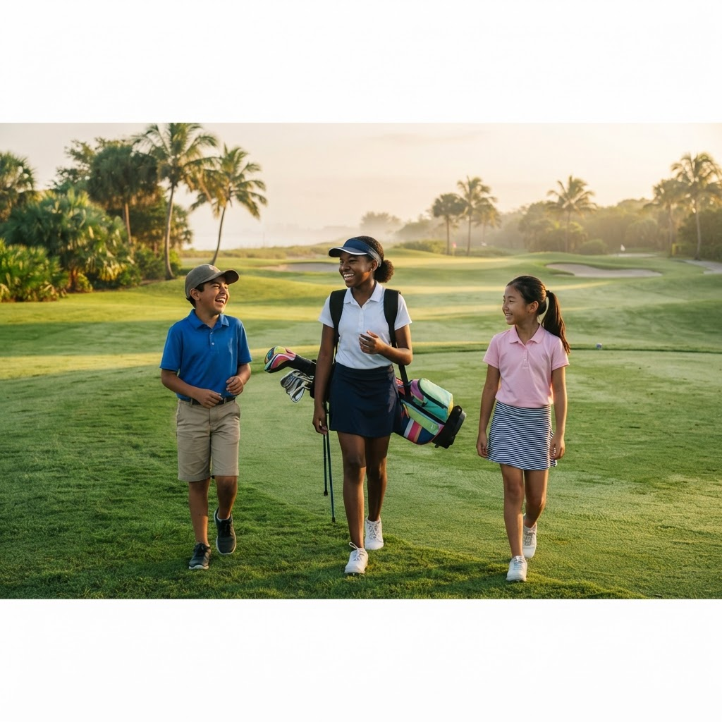 Junior golfers walking together on a South Florida golf course